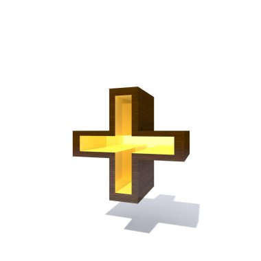 Kavramsal ahşap veya ahşap kahverengi yazı tipi veya beyaz arka plan üzerinde izole altın veya altın metal ayrıntılarına türüyle. Eğitici pürüzsüz yüzey artı işareti 3d çizim
