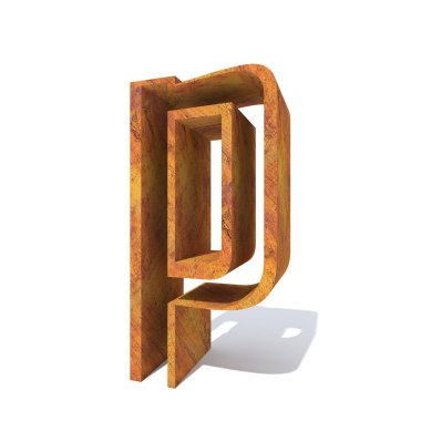 Kavramsal eski paslı metal yazı tipi veya türü, demir veya çelik parça izole beyaz arka plan. paslı malzeme, yaşlı vintage yüzey, yıpranmış zarar görmüş mektup p 3d örnek olarak