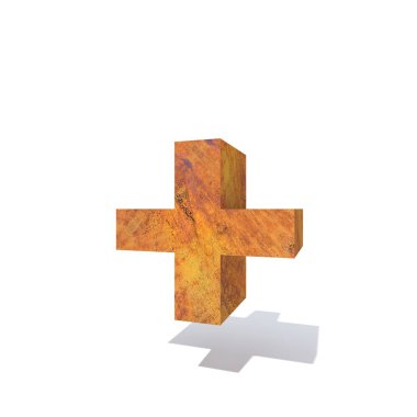 Kavramsal eski paslı metal yazı tipi veya türü, demir veya çelik parça izole beyaz arka plan. paslı malzeme, yaşlı vintage yüzey, 3d örnek olarak yıpranmış zarar görmüş artı işareti