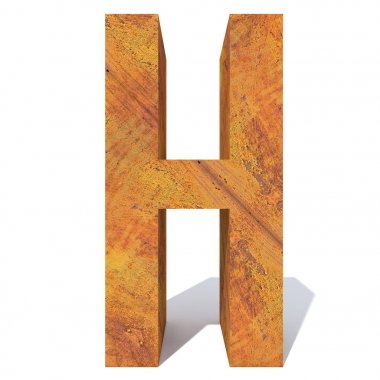 Kavramsal eski paslı metal yazı tipi veya türü, demir veya çelik parça izole beyaz arka plan. paslı malzeme, yaşlı vintage yüzey, 3d örnek olarak yıpranmış zarar görmüş harf h