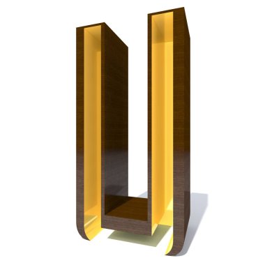 Kavramsal ahşap veya ahşap kahverengi yazı tipi veya beyaz arka plan üzerinde izole altın veya altın metal ayrıntılarına türüyle. Eğitici pürüzsüz yüzey mektup u 3d çizim