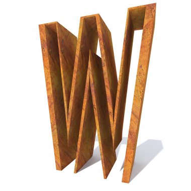 Kavramsal eski paslı metal yazı tipi veya türü, demir veya çelik parça izole beyaz arka plan. paslı malzeme, yaşlı vintage yüzey, 3d örnek olarak yıpranmış zarar görmüş harf w