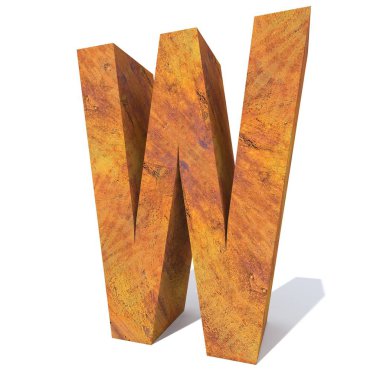 Kavramsal eski paslı metal yazı tipi veya türü, demir veya çelik parça izole beyaz arka plan. paslı malzeme, yaşlı vintage yüzey, 3d örnek olarak yıpranmış zarar görmüş harf w