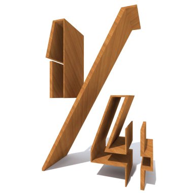 Kavramsal ahşap kahverengi yazı tipi, beyaz arka plan üzerinde izole ahşap parça. Eğitici malzeme, pürüzsüz yüzey çam işareti olarak 3d çizim