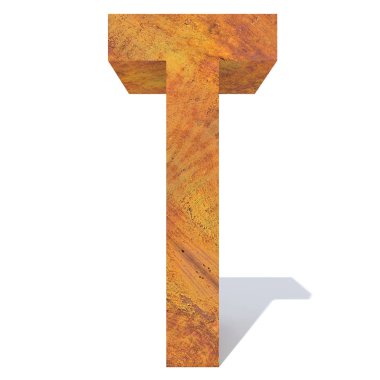 Kavramsal eski paslı metal yazı tipi veya türü, demir veya çelik parça izole beyaz arka plan. paslı malzeme, yaşlı vintage yüzey, yıpranmış zarar görmüş mektup t 3d örnek olarak