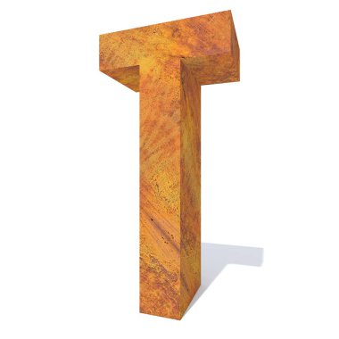 Kavramsal eski paslı metal yazı tipi veya türü, demir veya çelik parça izole beyaz arka plan. paslı malzeme, yaşlı vintage yüzey, yıpranmış zarar görmüş mektup t 3d örnek olarak