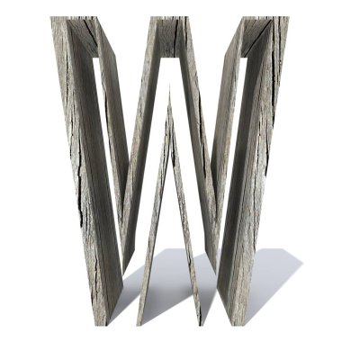 Kavramsal ahşap veya ahşap yazı tipi veya beyaz arka plan üzerinde izole türü, ahşap veya Kereste Sanayi parça. Vintage eski el yapımı mektup 3d örnek olarak w