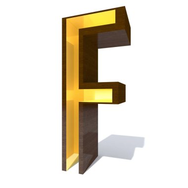Kavramsal ahşap veya ahşap kahverengi yazı tipi veya beyaz arka plan üzerinde izole altın veya altın metal ayrıntılarına türüyle. Eğitici pürüzsüz yüzey mektup f 3d çizim