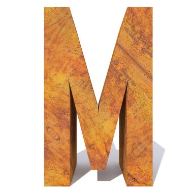 Kavramsal eski paslı metal yazı tipi veya türü, demir veya çelik parça izole beyaz arka plan. paslı malzeme, yaşlı vintage yüzey, 3d örnek olarak yıpranmış zarar görmüş harf m