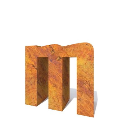 Kavramsal eski paslı metal yazı tipi veya türü, demir veya çelik parça izole beyaz arka plan. paslı malzeme, yaşlı vintage yüzey, 3d örnek olarak yıpranmış zarar görmüş harf m