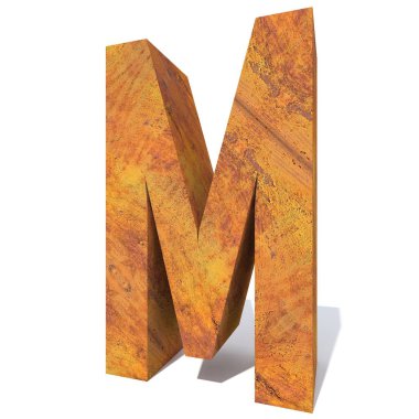 Kavramsal eski paslı metal yazı tipi veya türü, demir veya çelik parça izole beyaz arka plan. paslı malzeme, yaşlı vintage yüzey, 3d örnek olarak yıpranmış zarar görmüş harf m