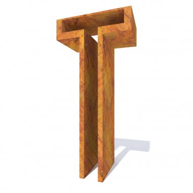 Kavramsal eski paslı metal yazı tipi veya türü, demir veya çelik parça izole beyaz arka plan. paslı malzeme, yaşlı vintage yüzey, yıpranmış zarar görmüş mektup t 3d örnek olarak