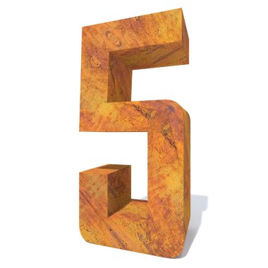 Kavramsal eski paslı metal yazı tipi veya türü, demir veya çelik parça izole beyaz arka plan. paslı malzeme, yaşlı vintage yüzey yıpranmış zarar görmüş beş işareti olarak 3d çizim