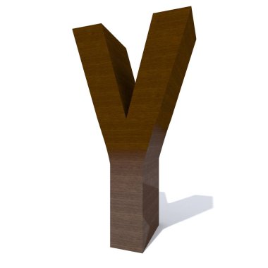Kavramsal ahşap veya ahşap kahverengi yazı tipi veya beyaz arka plan üzerinde izole türü, ahşap veya kereste parça. Eğitici materyal, pürüzsüz bir yüzey mektup y 3d resim heykel. 