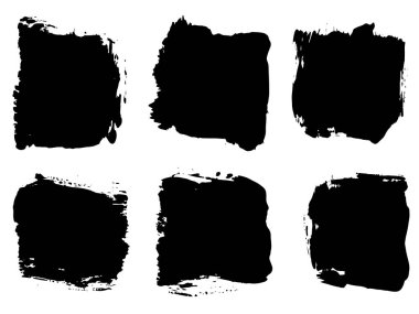 Vektör koleksiyonu ya da sanatsal siyah boya seti, mürekkep ya da akrilik el, grunge ya da grungy art olarak beyaza izole edilmiş yaratıcı fırça darbeleri, eğitim soyut unsurlar çerçeve tasarımı