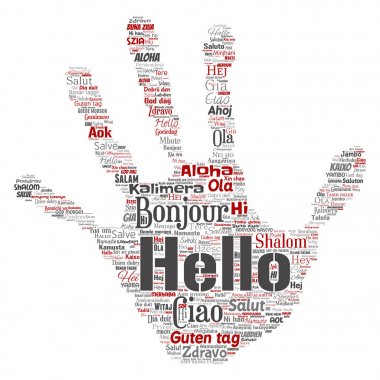 Kavram ya da kavramsal el yazdırma damga Merhaba ya da tebrik uluslararası turizm kelime bulutu farklı dillerde veya çok dilde vektör. Dünya, dünya çapında seyahat tercüme, tatil yabancı kolaj