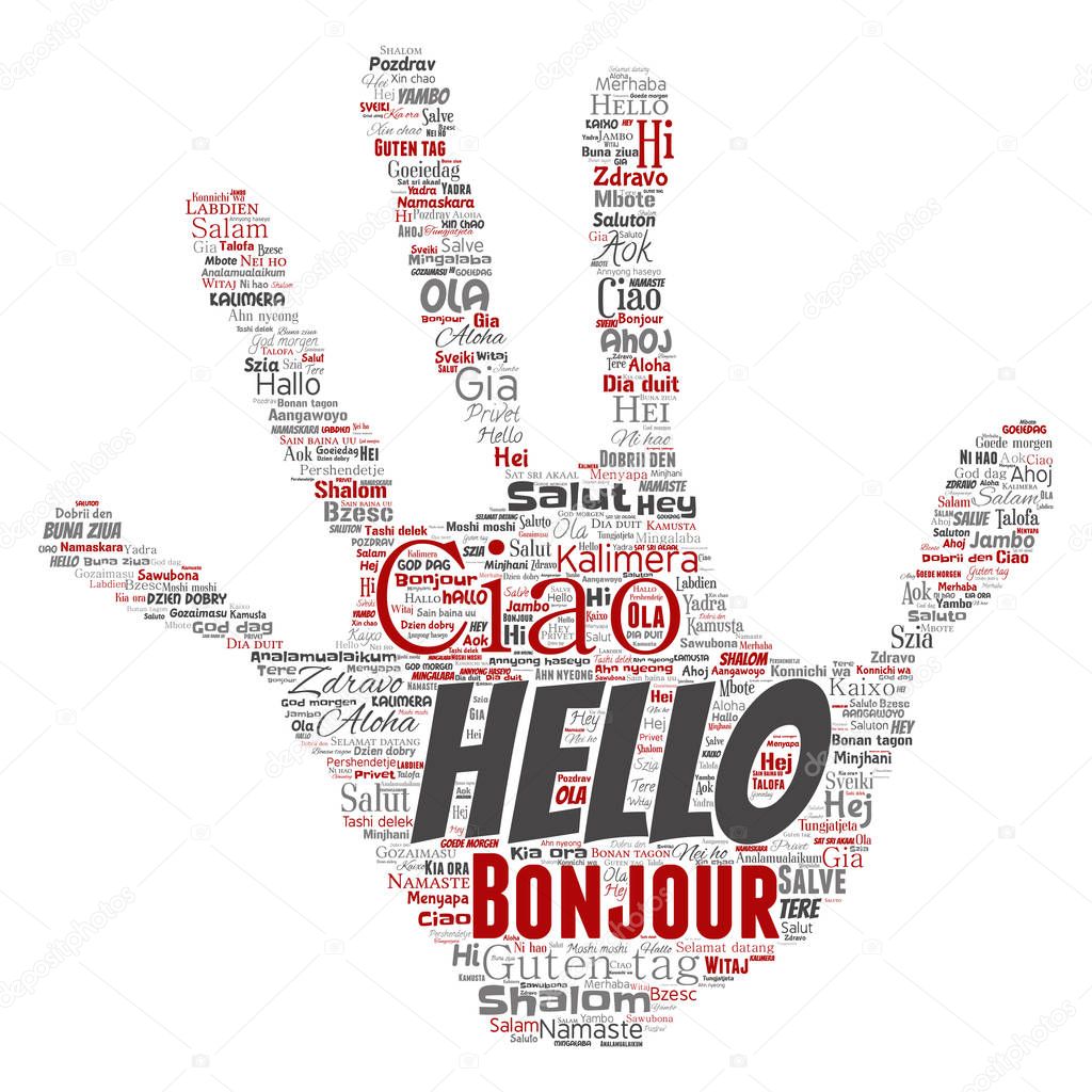 Conceptual hand print with hello or greeting international tourism word cloud in different languages.