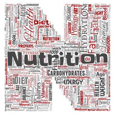 Vektör kavramsal beslenme sağlık diyet mektup yazı tipi N kelime izole arka plan bulut. Karbonhidratlar, vitaminler, yağ, ağırlık, enerji, antioksidanlar güzellik mineral, protein tıp kavramı kolaj