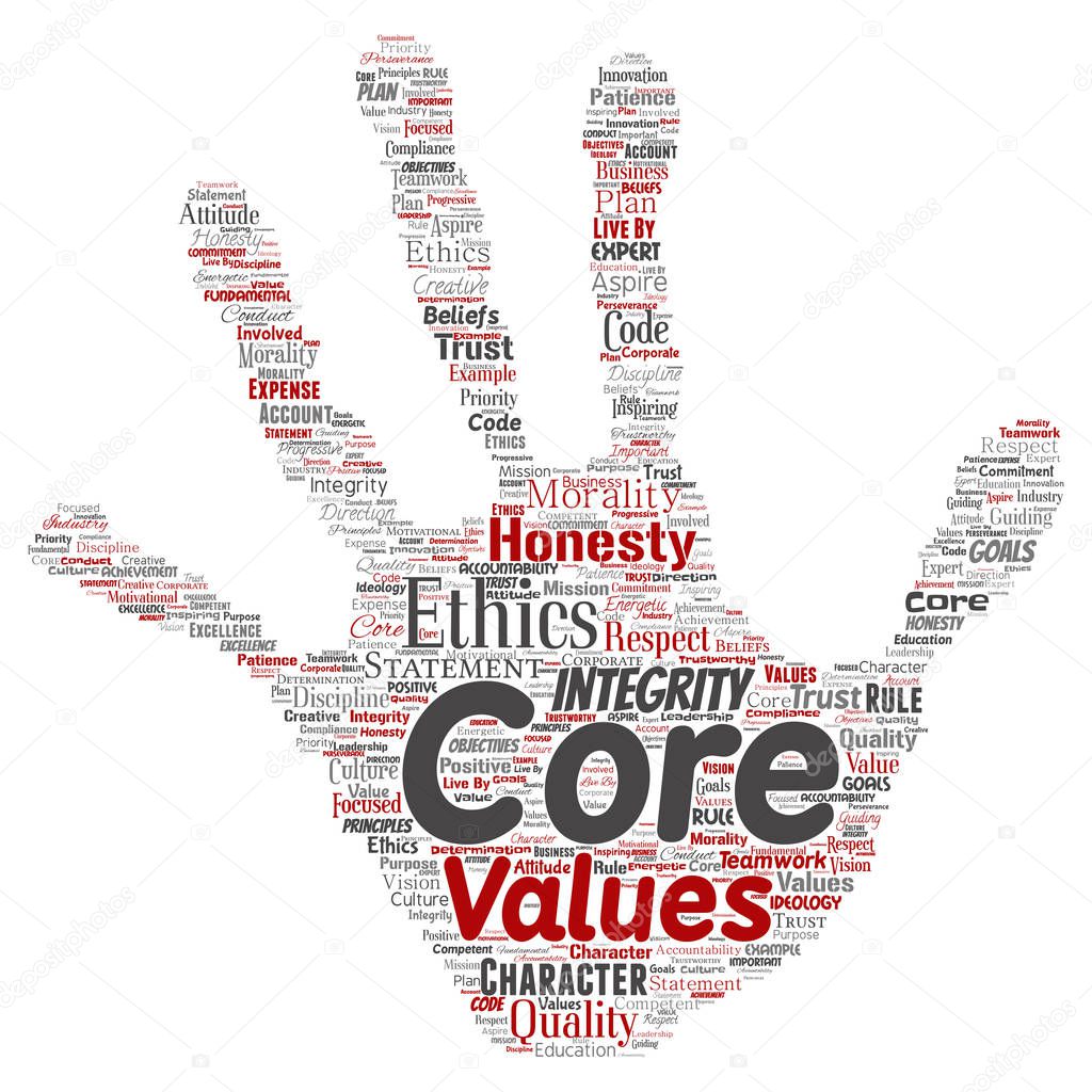 Vector conceptual core values integrity ethics hand print stamp concept word cloud isolated background. Collage of honesty quality trust, statement, character, perseverance, respect and trustworthy