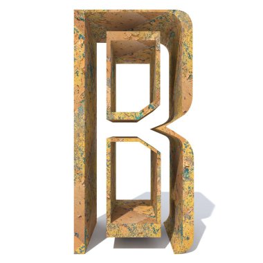 Kavramsal eski paslı metal büyük beyaz arka plan üzerinde izole B harfi.