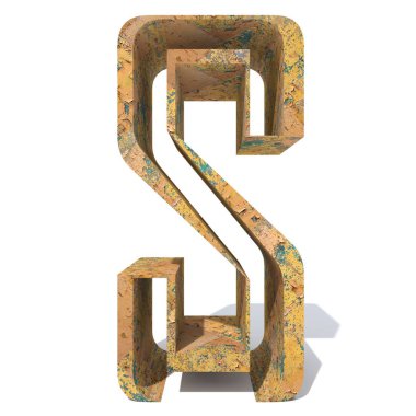 Kavramsal eski paslı metal büyük beyaz arka plan üzerinde izole S harfi.