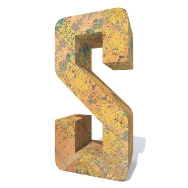 Kavramsal eski paslı metal büyük harf S yazı tipi beyaz arka plan üzerinde izole