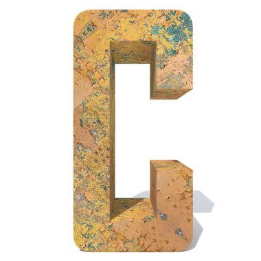 Beyaz arka plan üzerinde izole kavramsal eski paslı metal harf c