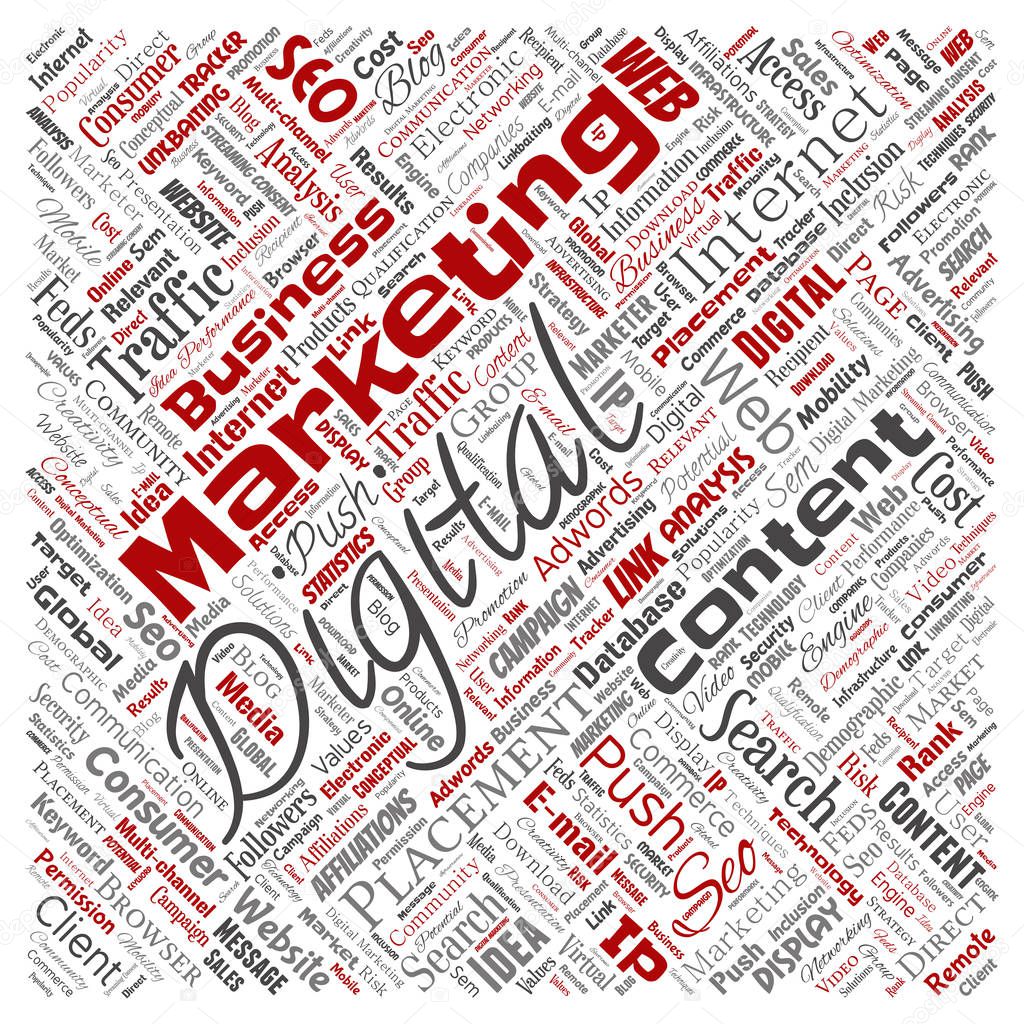 Vector concept or conceptual digital marketing seo traffic square red word cloud isolated background. Collage of business, market content, search, web push placement or communication technology