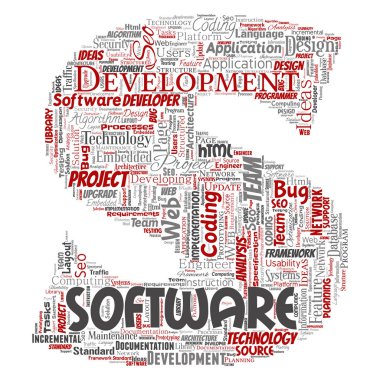 Vektör kavramsal yazılım geliştirme projesi teknoloji mektup S yazı tipi word bulut kodlama arka plan izole. Uygulama web tasarım, seo fikir, uygulama, test yükseltme kavramı kolaj