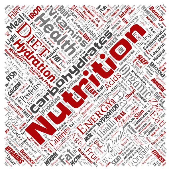 Conceptual Nutrition Health Diet Square Red Word Cloud — Stock Vector