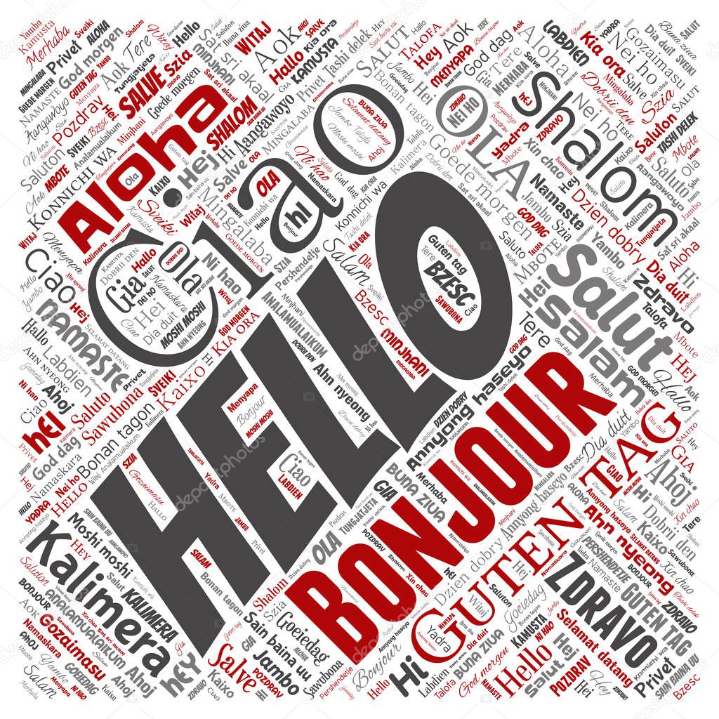 concept or conceptual square red hello or greeting international tourism word cloud