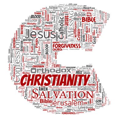 Kavramsal Hıristiyanlık, İsa, İncil, Ahit mektup yazı tipi C kırmızı kelime bulutu