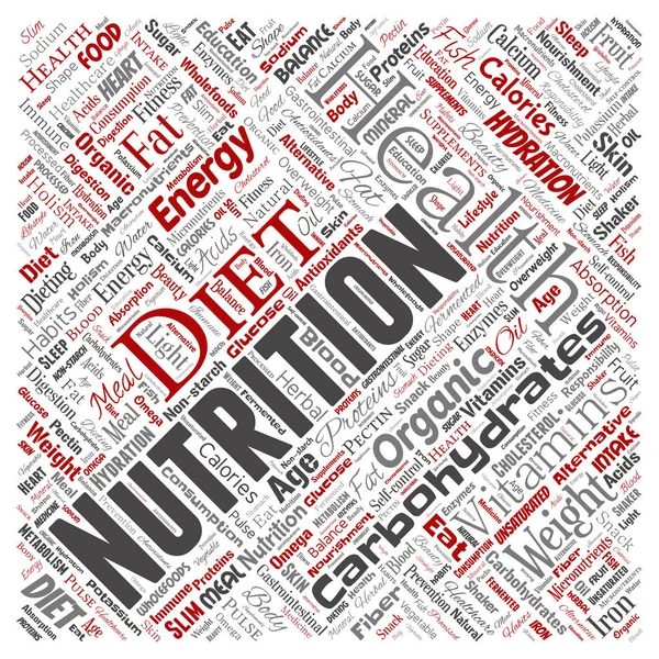 Nutrição Conceitual Saúde Dieta Nuvem Palavra Vermelha Quadrada — Vetor de Stock