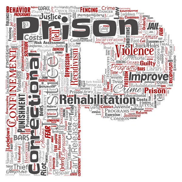 Vektör kavramsal hapishane, adalet, suç mektup yazı tipi P kırmızı kelimeler bulut beyaz arka plan üzerinde izole