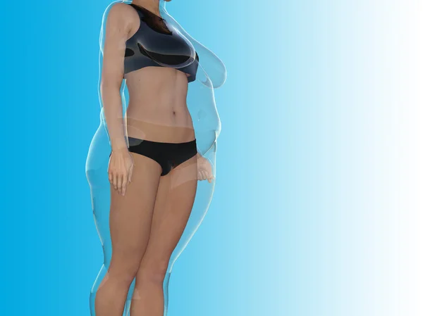 Kavramsal şişman kilolu obez kadın vs fit sağlıklı vücut Kilo kaybını takiben ince ya da kas ince genç kadınla mavi diyet.