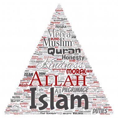 Vektör kavramsal islam, Peygamber, cami üçgen kırmızı ok kelime izole bulut arka plan. Müslüman, ramadam, Kur'an-ı Kerim, hac, Allah'ın, görevleri, sanat, hat, oryantal, gelenek kavramı kolaj