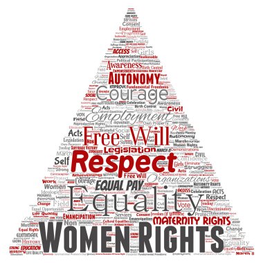 Vektör kavramsal kadın hakları, eşitlik, serbest üçgen kırmızı ok kelime izole bulut arka plan. Feminizm, güçlendirme, dürüstlük, fırsatları, Farkındalık, cesaret, eğitim, kolaj saygı kavramı