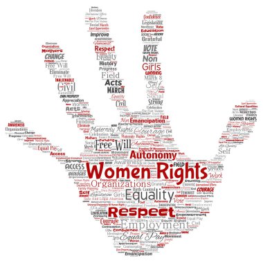 Vektör kavramsal kadın hakları, eşitlik, serbest el baskı damga kelime izole bulut arka plan. Feminizm, güçlendirme, dürüstlük, fırsatları, Farkındalık, cesaret, eğitim, kolaj saygı kavramı