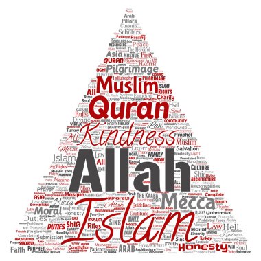 Vektör kavramsal islam, Peygamber, cami üçgen kırmızı ok kelime izole bulut arka plan. Müslüman, ramadam, Kur'an-ı Kerim, hac, Allah'ın, görevleri, sanat, hat, oryantal, gelenek kavramı kolaj