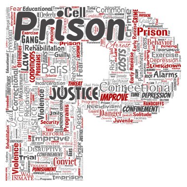 Vektör kavramsal hapishane, adalet, suç mektup yazı tipi P kırmızı kelime izole bulut arka plan. Ceza, hukuk, haklar, sosyal, yetki, sistem, sivil, deneme, rehabilitasyon, özgürlük kavramı kolaj