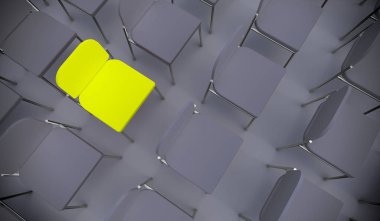 Bir konferans odasında liderlik, vizyon ve strateji metaforu olarak duran kavramsal ya da kavramsal sarı koltuk. Bireyselliğin, yaratıcılığın ve başarının 3 boyutlu bir çizimi