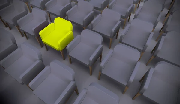 Poltrona gialla concettuale o concettuale che si staglia in una sala conferenze come metafora di leadership, visione e strategia. Un'illustrazione 3d di individualità, creatività e realizzazione — Foto Stock