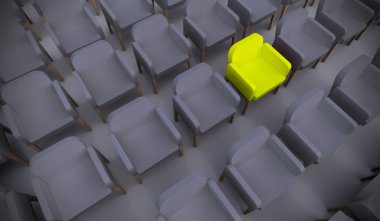 Bir konferans odasında liderlik, vizyon ve strateji metaforu olarak duran kavramsal ya da kavramsal sarı koltuk. Bireyselliğin, yaratıcılığın ve başarının 3 boyutlu bir çizimi