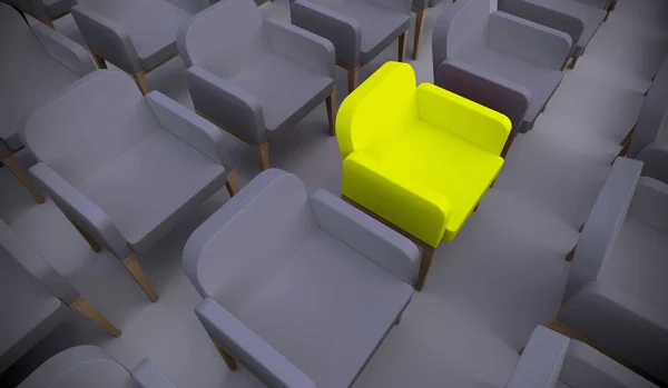 Begreppsfåtölj eller konceptuell gul fåtölj som står ut i ett konferensrum som en metafor för ledarskap, vision och strategi. En 3D-illustration av individualitet, kreativitet och prestation — Stockfoto