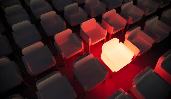 Konzept oder konzeptionell orangefarbener Sessel, der in einem Konferenzraum als Metapher für Führung, Vision und Strategie hervorsticht. eine 3D-Illustration von Individualität, Kreativität und Leistung — Stockfoto