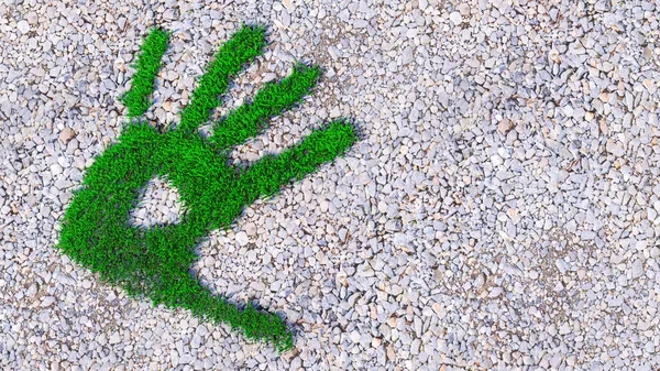 Koncepcja lub konceptualna zielona trawa zimowej dyni na tle żwiru. Metafora dla ekologii, środowiska, recyklingu, ochrony przyrody, wiosna, Summe lub ochrony przed globalnym ociepleniem ilustracji 3D — Zdjęcie stockowe