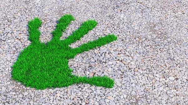 Concept or conceptual green grass handprint on gravel background. A metaphor for ecology, environment, recycle, nature conservation, spring, summe or protection against global warming 3d illustration