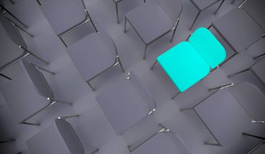 Bir konferans odasında liderlik, vizyon ve strateji metaforu olarak duran kavramsal ya da kavramsal mavi koltuk. Bireyselliğin, yaratıcılığın ve başarının 3 boyutlu bir çizimi