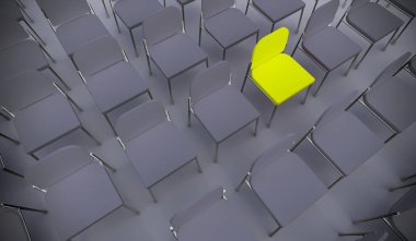 Bir konferans odasında liderlik, vizyon ve strateji metaforu olarak duran kavramsal ya da kavramsal sarı koltuk. Bireyselliğin, yaratıcılığın ve başarının 3 boyutlu bir çizimi