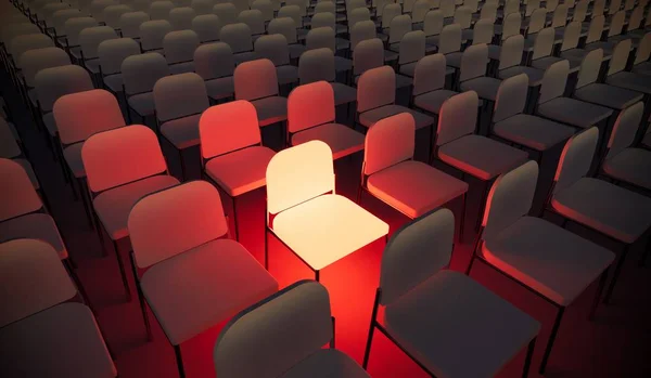 Koncept eller konceptuell orange fåtölj som sticker ut i ett konferensrum som en metafor för ledarskap, vision och strategi. En 3D-illustration av individualitet, kreativitet och prestation — Stockfoto